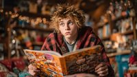 Young curly-haired person reading colorful comic book in cozy bookstore with warm lighting and blurred background shelves.