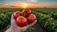 Fresh ripe red tomatoes in farmer hand at sunset over agricultural field. Organic vegetable harvest concept for healthy eating and sustainable farming.