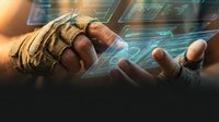 Bandaged hands reaching toward holographic digital interface with glowing blue data streams and futuristic technology elements for medical innovation concepts.