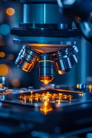 Microscope with glowing amber lenses positioned above illuminated sample on blue laboratory surface, suitable for scientific research, medical technology, and educational materials.