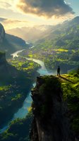 Lone hiker stands on dramatic cliff edge overlooking winding river valley with mountain village nestled between peaks, bathed in golden sunset light through clouds.