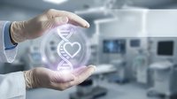 Healthcare professional hands protecting glowing DNA helix with heart symbol in modern medical laboratory representing genetic cardiology and personalized medicine.