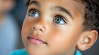 Close up portrait of young African American child with bright blue eyes looking up with hopeful expression against blurred background.