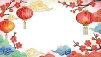 Chinese New Year festive frame with red lanterns, plum blossoms, traditional clouds and waves on white background for holiday greeting cards and decorations.