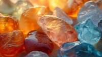 Colorful healing crystals and gemstones in orange, pink and blue tones with sunlight shining through, creating magical glow and reflections. Macro photography.