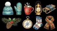 Cozy winter clipart set with knit hat, mittens, hot cocoa, lantern, sled, holly, compass, socks, and scarf, isolated on transparent background for stickers, sublimation, and print on demand.