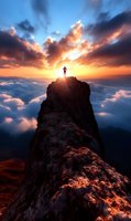 Silhouette of person standing on mountain peak above clouds at dramatic sunset, rays of light breaking through stormy sky, achievement concept background.
