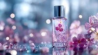 Glass perfume bottle with pink floral essence and glitter particles against blurred cherry blossom background, luxury cosmetic product photography with bokeh lights.