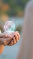 Cupped hands holding glowing chakra symbol with radiant light beams for spiritual healing meditation wellness energy balance concepts.