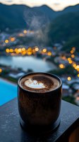 Steaming hot coffee cup with latte art on mountain terrace at sunset with golden bokeh lights and scenic valley view for relaxation and travel concepts.