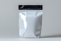 White blank foil food snack bag packaging with black zip lock closure on neutral background, mockup for product design and branding presentation.
