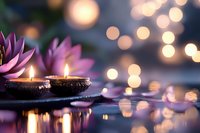Glowing candles and purple lotus flowers floating on water with soft bokeh lights creating peaceful spa atmosphere for meditation and wellness practices.