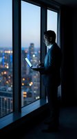 Businessman in dark suit working on laptop by floor-to-ceiling window overlooking illuminated cityscape at dusk, suitable for corporate, technology, and business concepts.