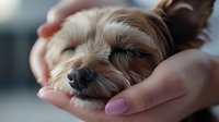 Sleeping Yorkshire Terrier puppy resting in female hands with pink manicure. Close up portrait of peaceful yorkie dog showing tender pet care moment.