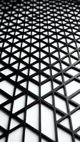 Abstract geometric triangular grid pattern with black lines creating repetitive diamond shapes on white background for modern design projects.