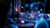 Young Asian woman interacting with holographic AI assistant projection showing digital icons and network connections in dark room with ambient lighting.