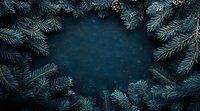 Moody winter frame with fir branches and pine cones on dark teal background, creating natural border for seasonal holiday design and copy space.