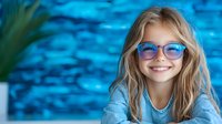 Young caucasian girl with blonde hair wearing blue glasses smiles brightly against turquoise background, showing natural happiness and confidence in casual denim outfit.