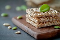 Crispy sesame bars stacked on wooden cutting board with fresh basil leaves and scattered seeds, macro food photography on dark background.