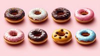Colorful glazed donuts with sprinkles arranged in rows on pink background. Sweet bakery treats with chocolate, vanilla and fruit toppings for cafe menu design.