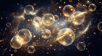 Golden bubbles floating in cosmic space with sparkling lights and bokeh effects creating magical atmosphere for luxury design projects.