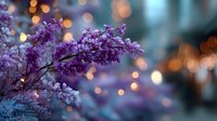 Purple lilac flowers blooming in spring with warm bokeh lights creating magical atmosphere for seasonal decorations and romantic designs.