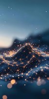 Abstract digital mountain landscape with glowing network connections and light particles against twilight sky background for technology concepts.