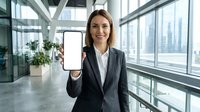 Smiling Caucasian businesswoman in suit holding smartphone with blank white screen mockup in modern office with city view.