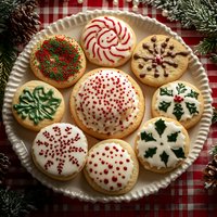 Festive sugar cookies decorated with holiday designs and sprinkles on white plate with evergreen branches and red checkered tablecloth background for Christmas season.