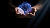Hands holding glowing blue holographic rose flower with magical light effects on dark background for digital art and futuristic design projects.