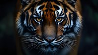 Majestic tiger face close up portrait with piercing blue eyes and detailed fur texture against dark background, showcasing feline power and natural beauty.