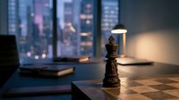 Chess piece on modern office desk with city skyline view through window, laptop and lamp visible, suitable for business strategy, leadership and corporate concepts.