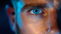 Close up view of intense blue eye with dramatic lighting, glowing skin texture and artistic neon illumination against dark background, creating mysterious atmosphere.