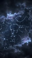 Mystical constellation patterns connected by glowing lines against deep space nebula with sparkling stars and cosmic dust clouds for astrology designs.