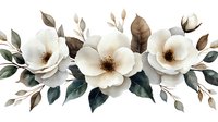 Watercolor white magnolia flowers arrangement with green leaves and brown buds in horizontal composition, floral border design on white background.