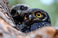 Close up portrait of black owl with bright yellow eyes peering from wooden hollow, selective focus on intense gaze and detailed feathers against blurred background.