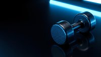 Pair of metallic dumbbells with textured grip surfaces illuminated by neon blue light against dark background, suitable for fitness, gym, and wellness marketing materials.