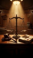 Scales of justice with gavel and legal documents in elegant courtroom setting with warm lighting for law firm branding and legal services marketing.