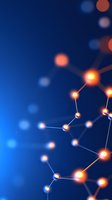 Glowing molecular structure on deep blue background with connected nodes and light effects, representing scientific research and technological innovation.