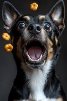 Excited mixed breed dog with open mouth catching falling treats on dark background for pet food advertising and animal care campaigns.