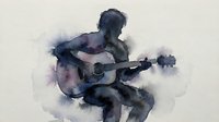 Watercolor silhouette of male guitarist sitting and playing acoustic guitar with purple and blue paint splashes on textured paper background for music designs.
