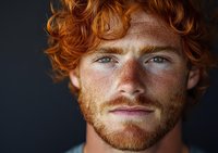 Close up portrait of young Caucasian male with bright ginger curly hair, freckles and beard against dark background. Natural daylight highlights facial features.