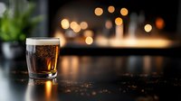 Glass of dark beer with foam on wooden bar counter in cozy pub with warm bokeh lights creating atmospheric evening ambiance for hospitality concepts.