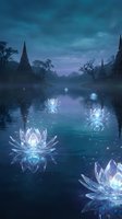 Mystical temple ruins at twilight with glowing crystal lotus flowers floating on serene water creating magical atmosphere for fantasy and meditation themes.