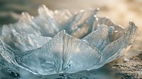 Delicate ice formation resembling crystalline flower petals creates natural abstract art, capturing light and shadow in translucent frozen layers on winter surface.