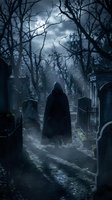 Mysterious hooded figure standing among tombstones in dark cemetery at night with moonlight filtering through bare tree branches creating spooky atmosphere.