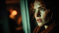 Young woman with freckles and curly red hair in warm indoor lighting with bokeh background creating atmospheric portrait for emotional storytelling.