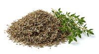 Dried thyme herb pile with fresh green sprigs isolated on white background for culinary seasoning and cooking ingredients.
