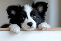 Adorable black and white Border Collie puppy peeking over edge with paws, showing expressive blue eyes and distinctive facial markings against light background.
