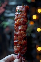 Grilled pork belly skewer with glazed marinade and caramelized coating, held by hand with red manicure against blurred bokeh lights background.